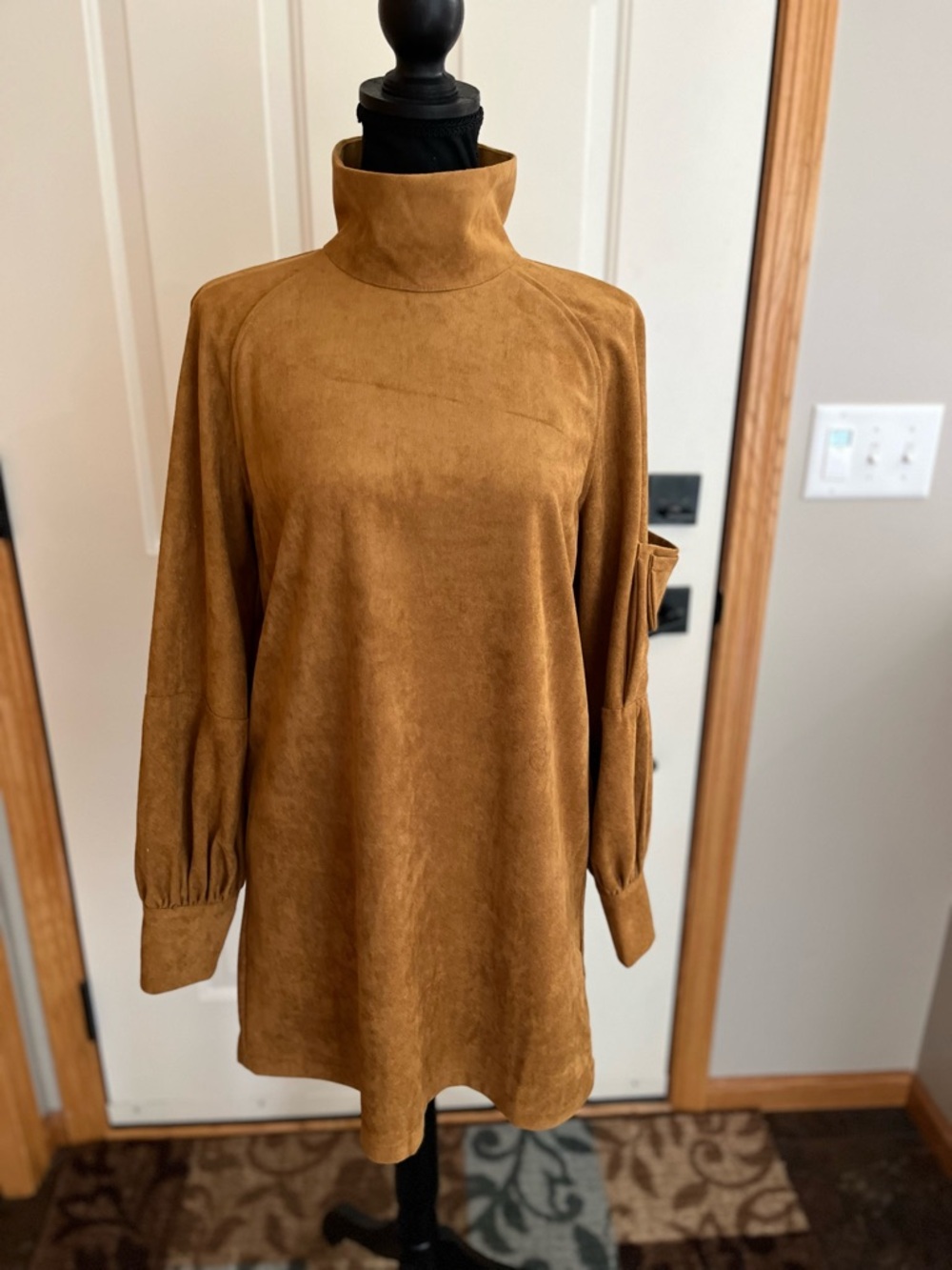 New mod faux suede utilitarian long sleeve high neck mini tunic dress. Small